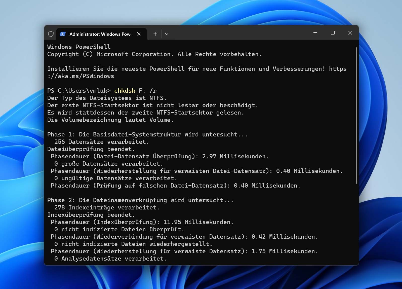Führe den chkdsk-Befehl für das USB-Laufwerk aus