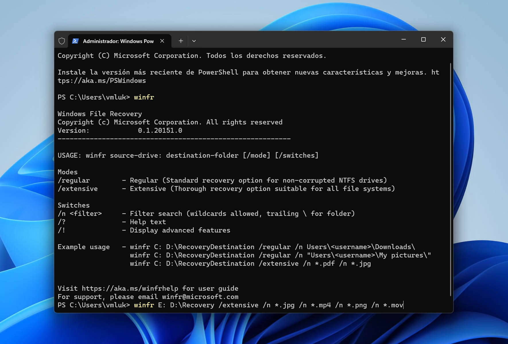 comando winfr en la terminal