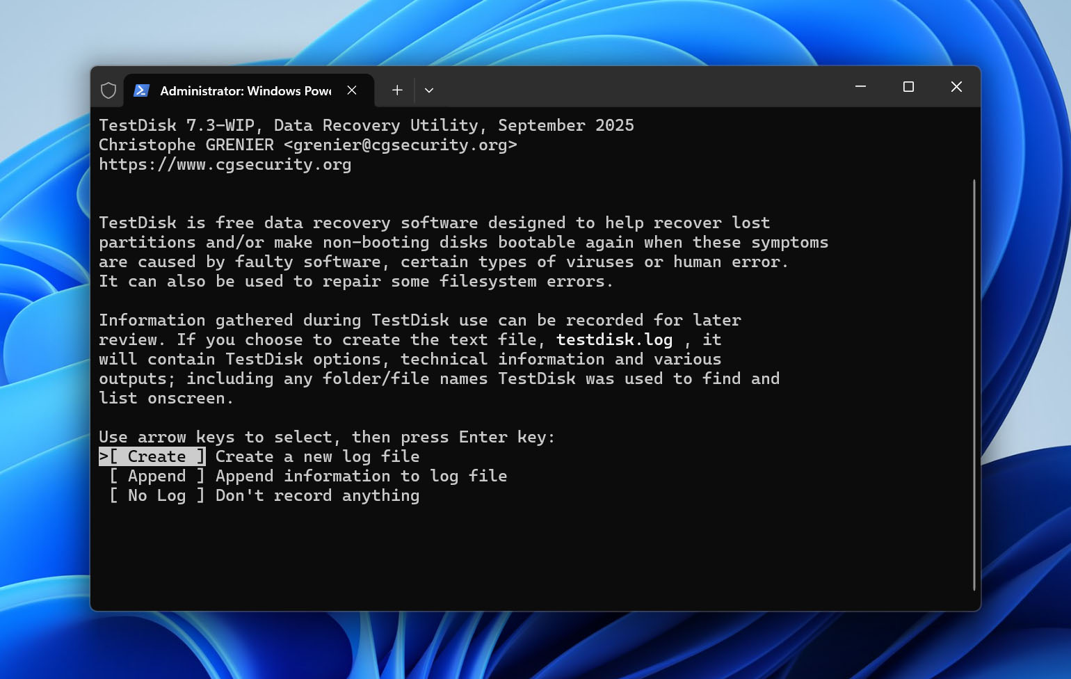 create log file in testdisk