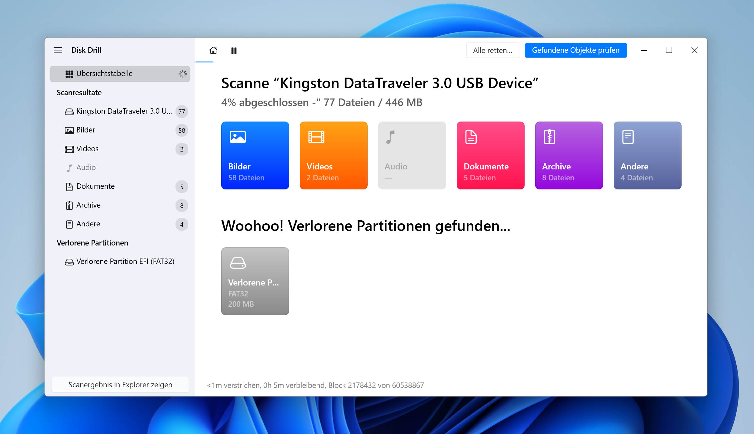 Disk Drill USB-Scanbildschirm