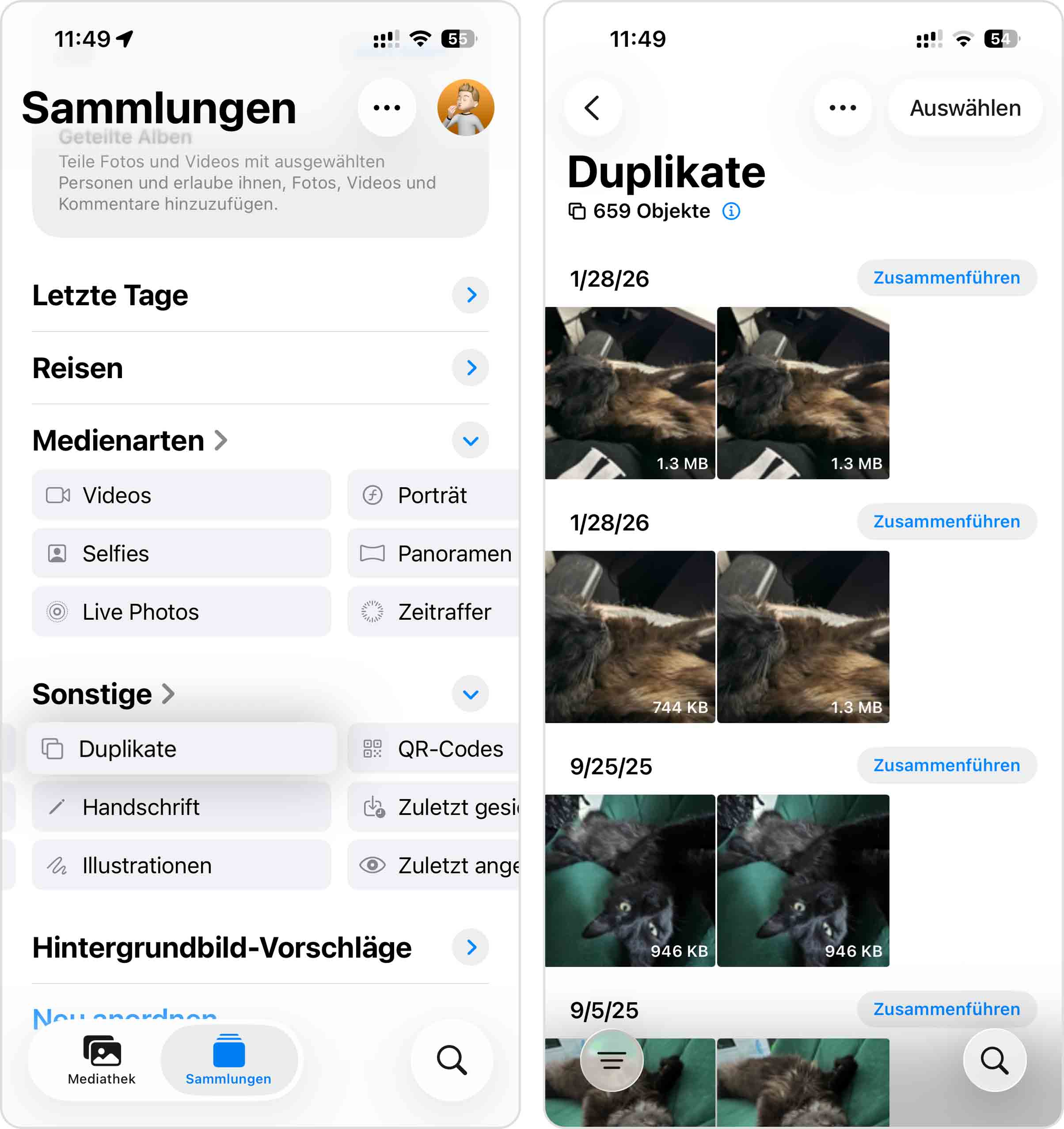Eingebautes Album 'Duplikate' auf iOS.