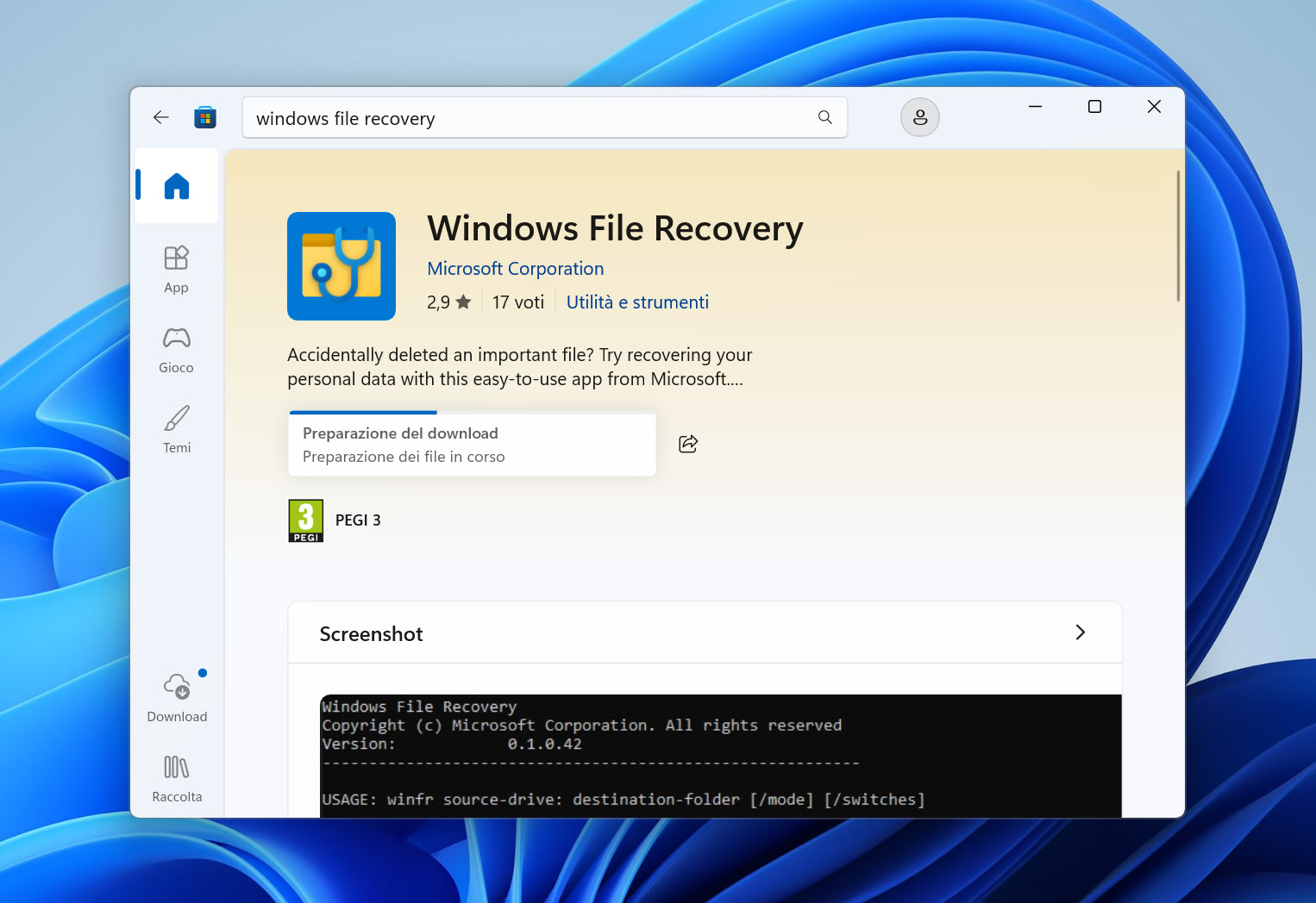 Installa WinFR dal Microsoft Store