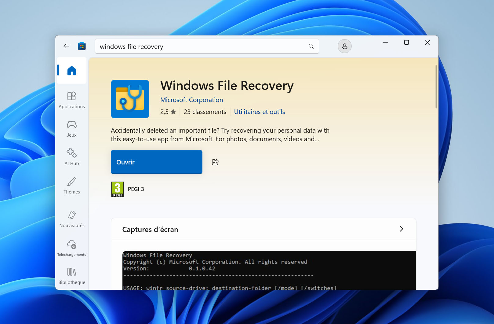 Page d’installation de Windows File Recovery dans le Microsoft Store.