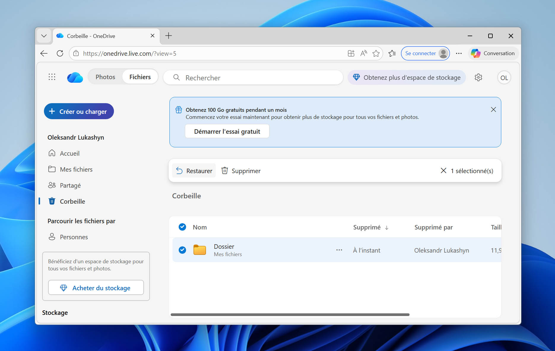 Restauration d'un dossier important depuis OneDrive.