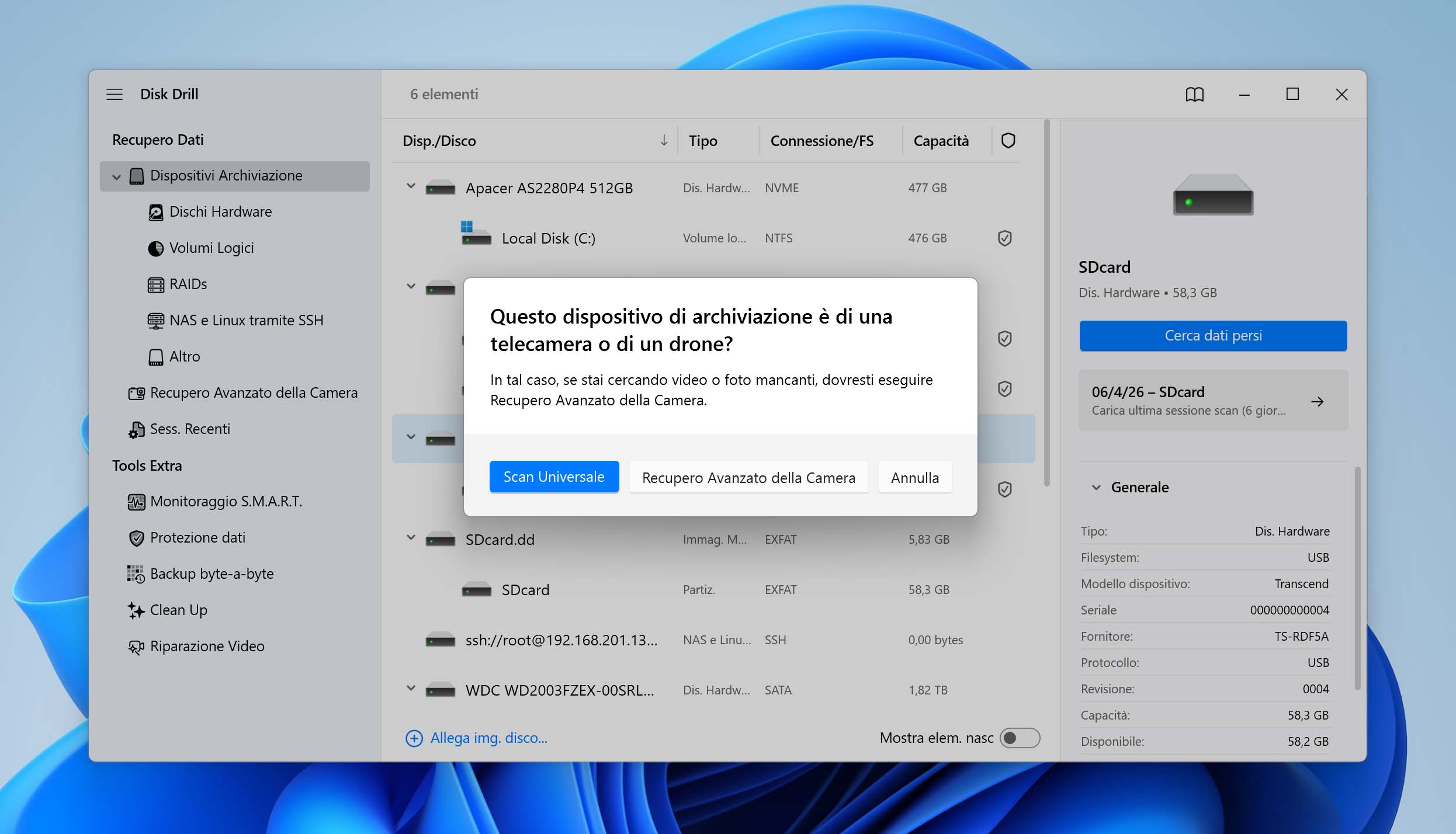 Seleziona il metodo di scansione nel menu a comparsa.