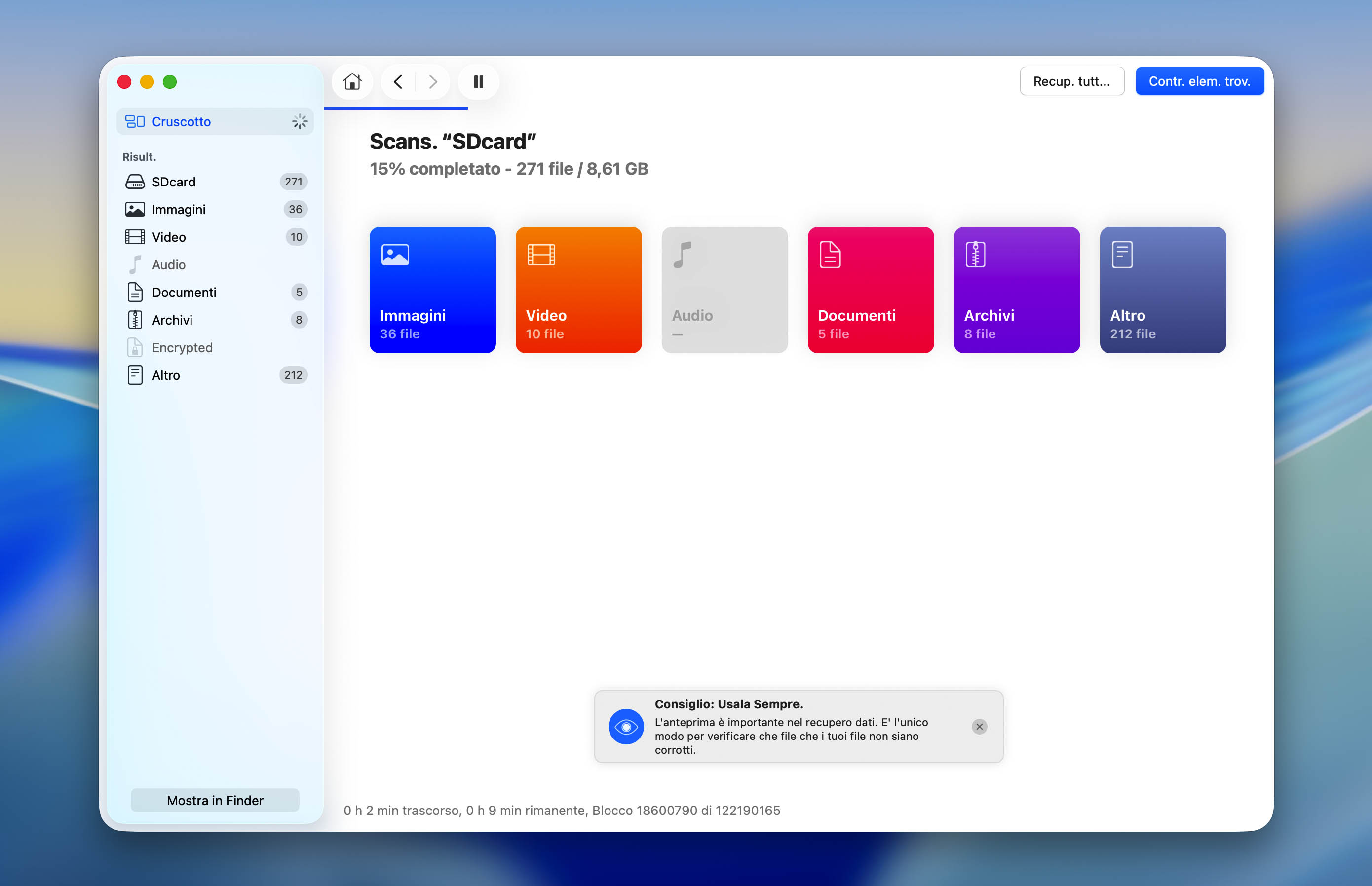 Schermata di scansione di Disk Drill su macOS