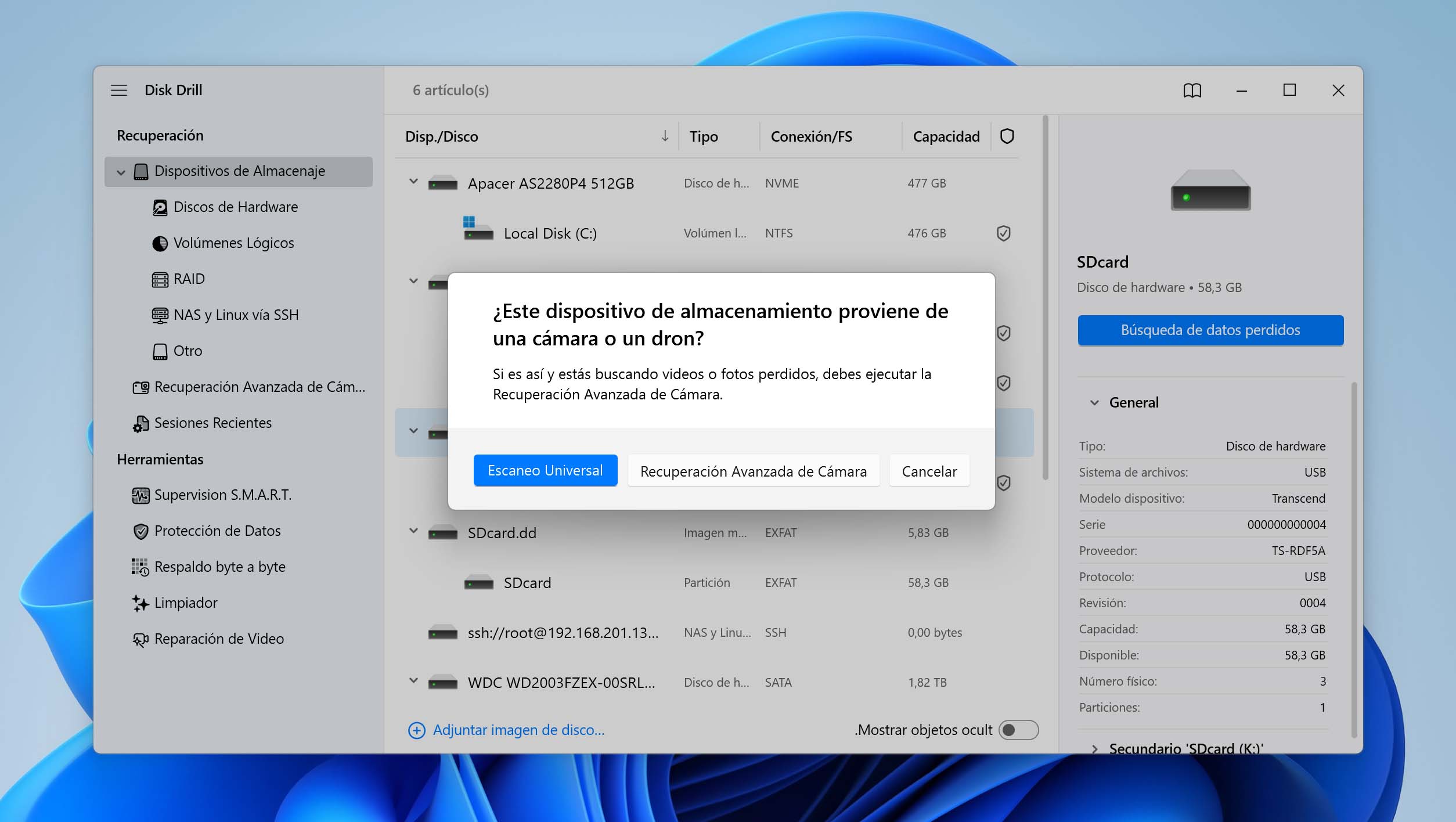 seleccione el metodo de escaneo en el menu emergente