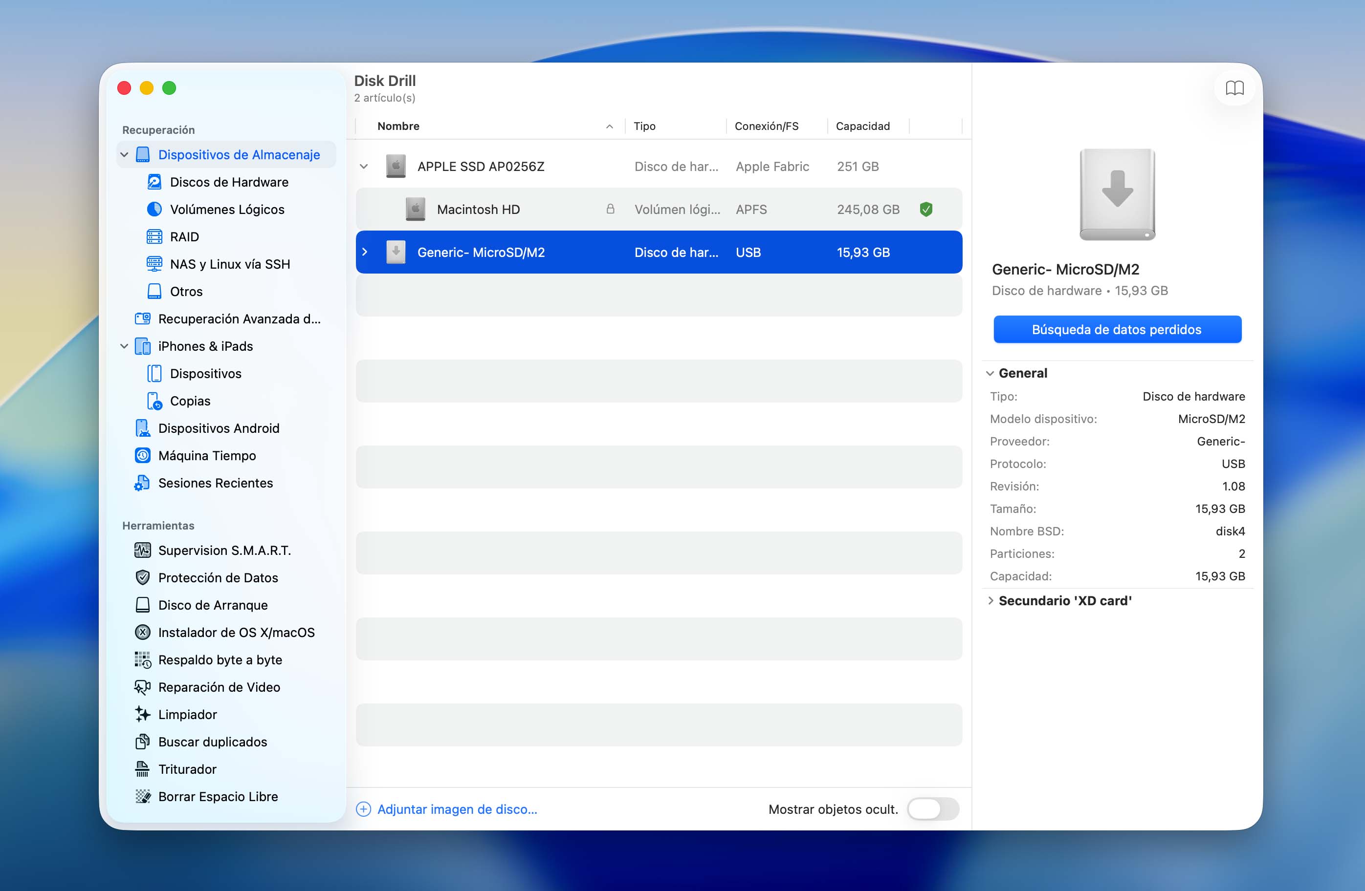 seleccione la tarjeta sd en disk drill para mac