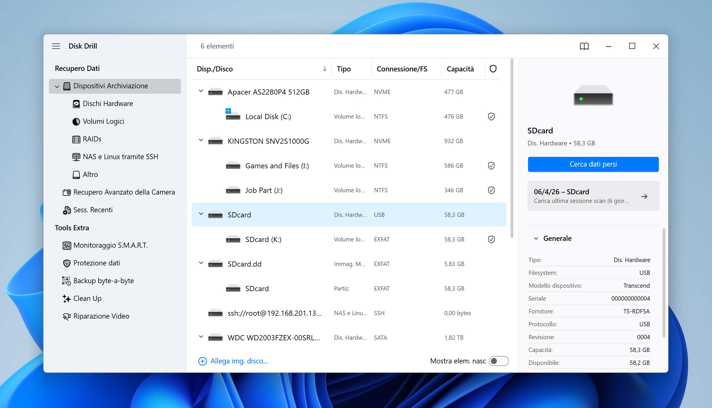 In Disk Drill per Windows, seleziona la scheda SD formattata