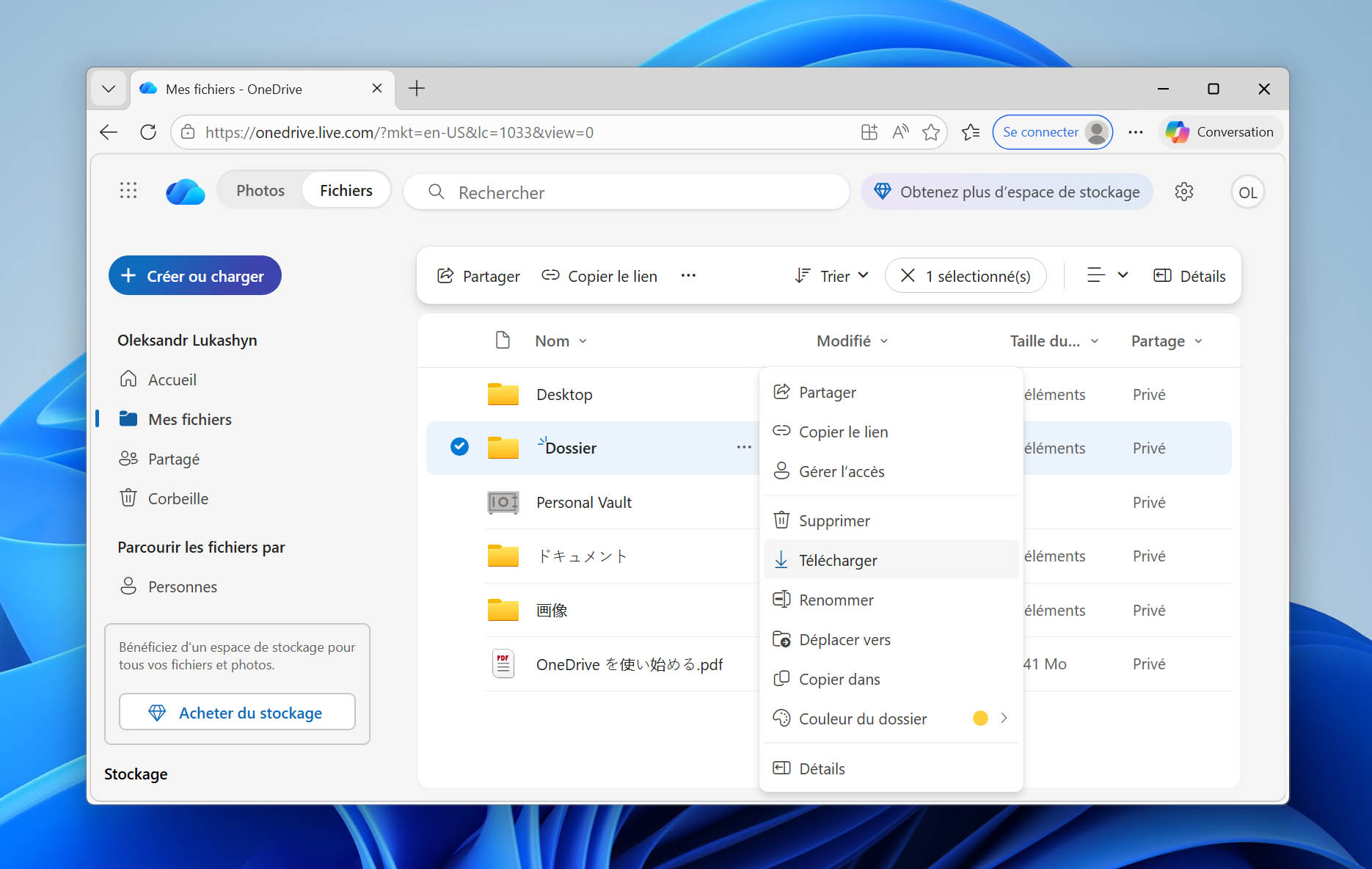 Vue du dossier OneDrive en ligne.