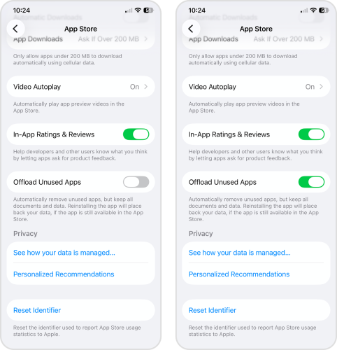 App Store settings page and auto-offload options