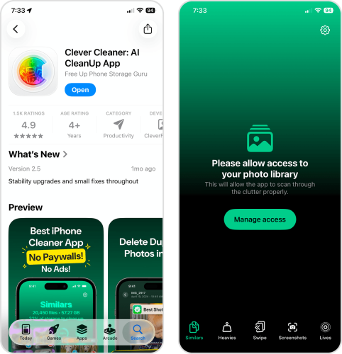 Clever Cleaner's download page in the App Store and its Manage Access button