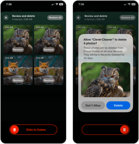 Clever Cleaner's Trash page and dialog pop-up