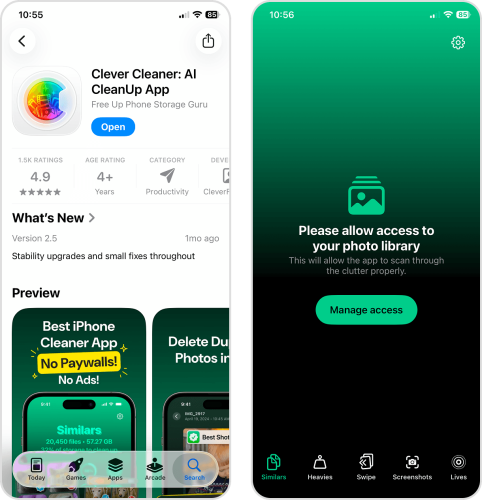 Clever Cleaner App Store page and Manage access dialog