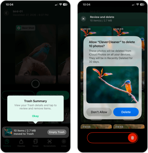 Clever Cleaner trash feature and deleted photos