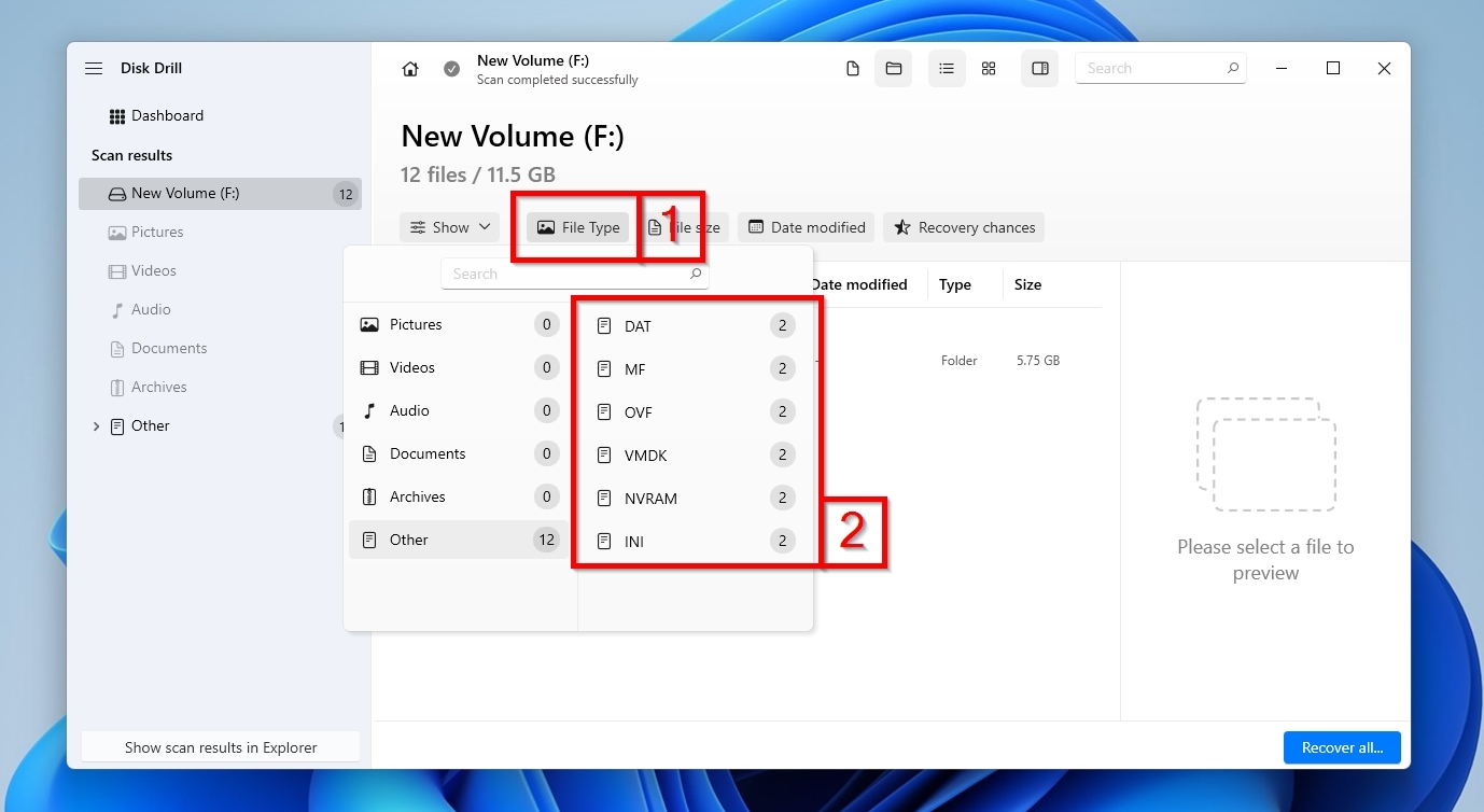 Disk Drill Filters Select By Filetype and Found VM File Formats