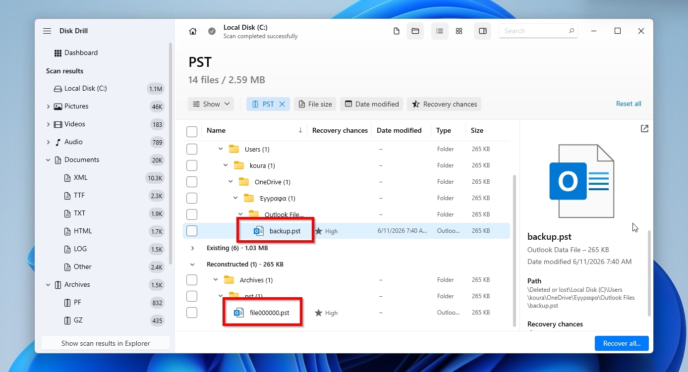 Disk Drill Located PST Files