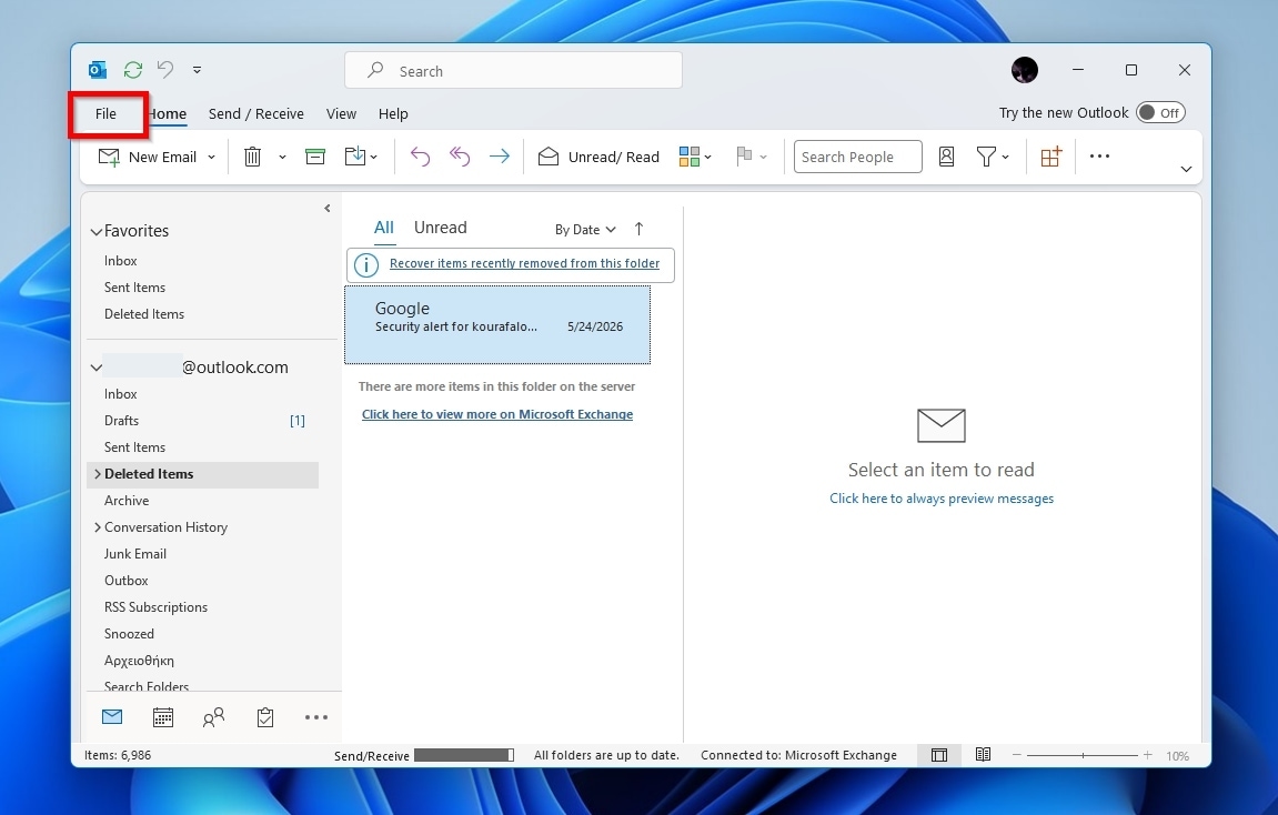 Disk Drill Outlook File Menu Entry