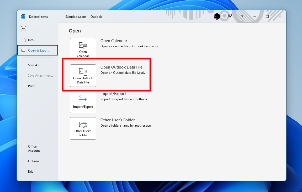 Disk Drill Outlook Open Outlook Data File Option