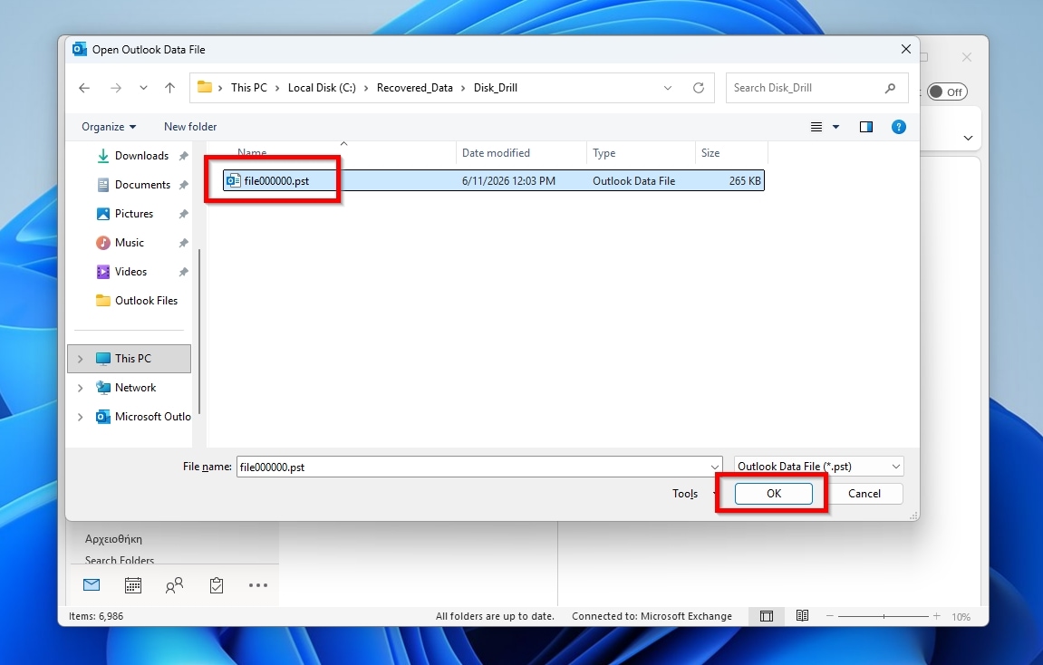 Disk Drill Outlook Selected Recovered PST To Open