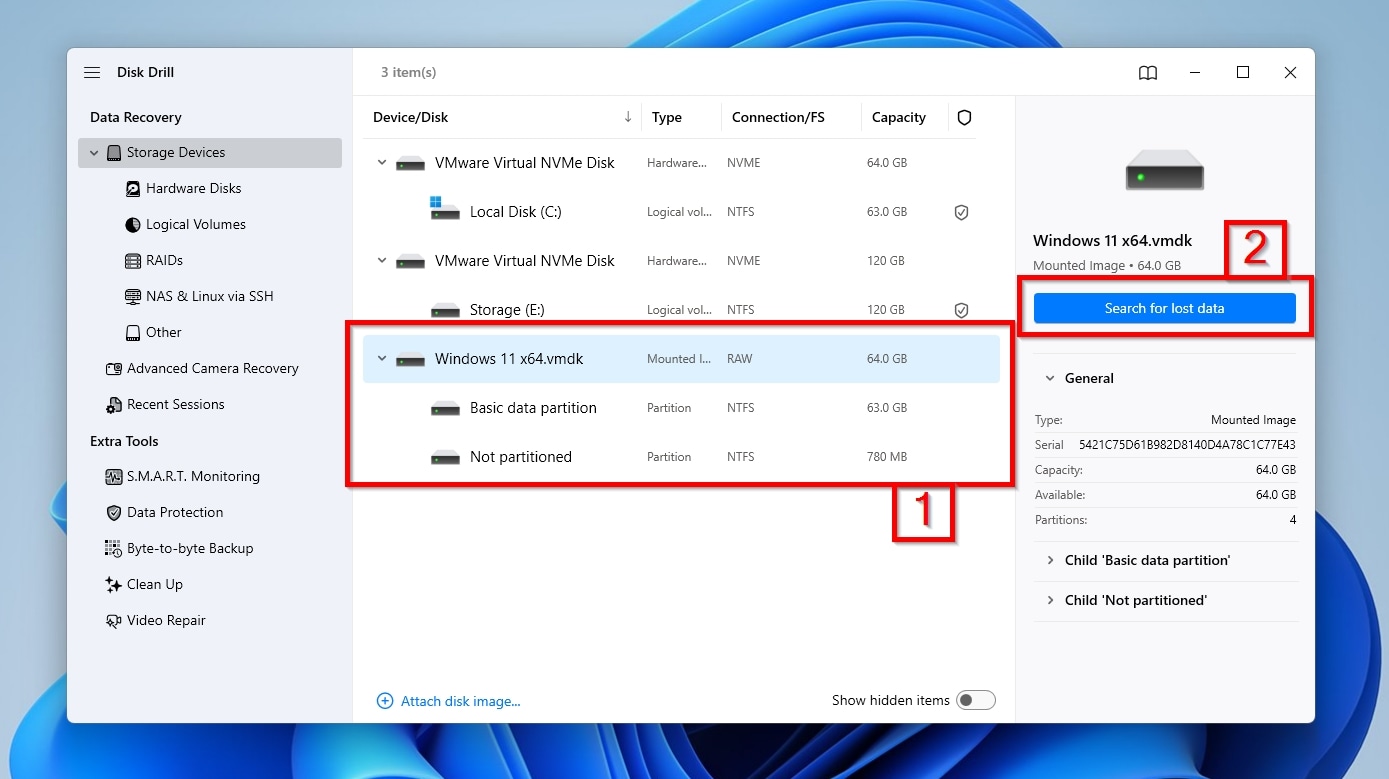 Disk Drill Select Attached Image and Search For Lost Data