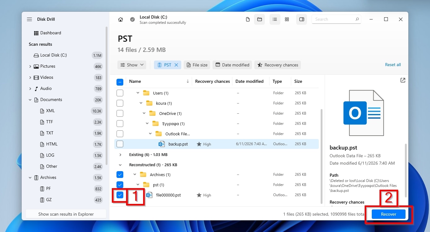 Disk Drill Select PST File To Recover And Click Recover