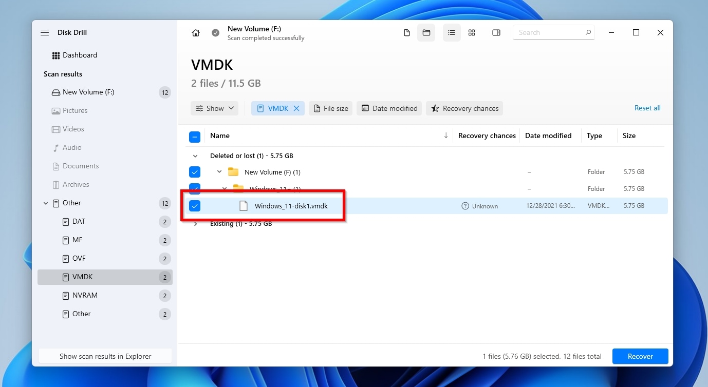 Disk Drill Selected Windows 11 VM VMDK File