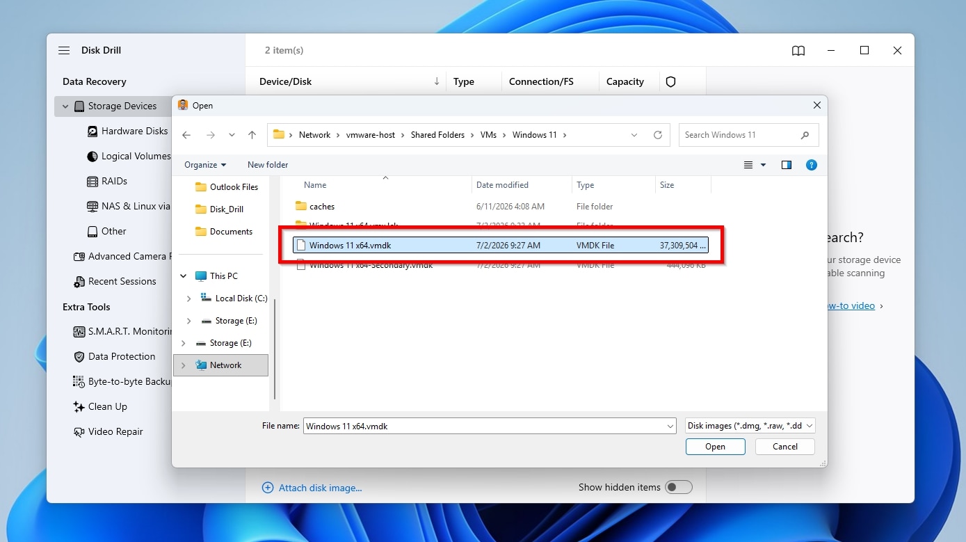 Disk Drill Selecting VMDK Image To Attach