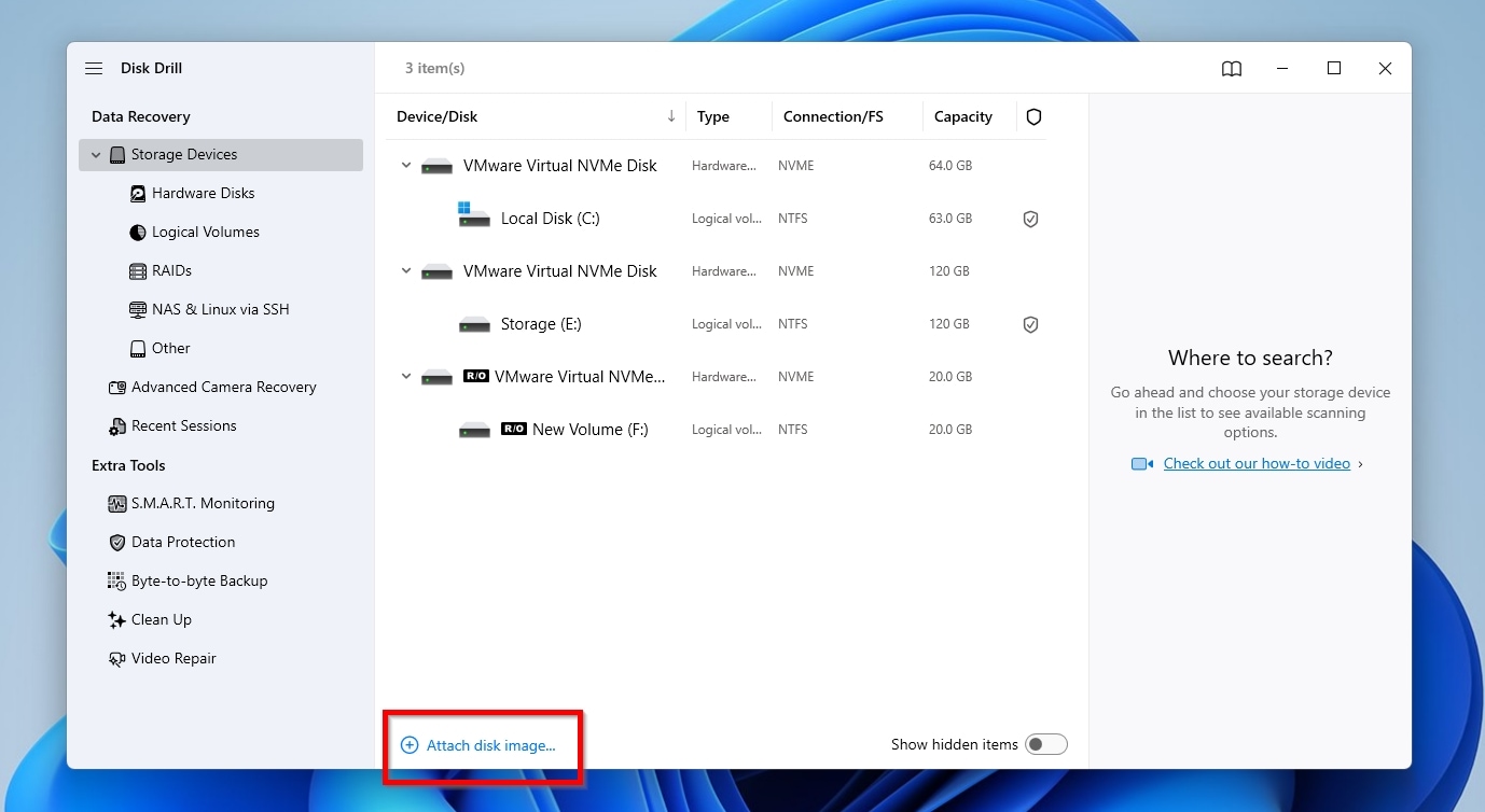 Disk Drill Storage Devices Attach Disk Image