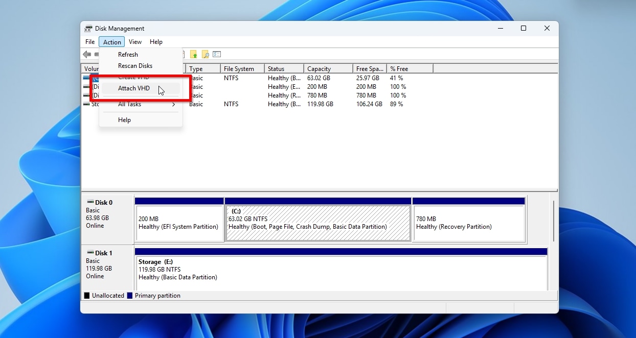 Disk Management Action Menu Attach VHD