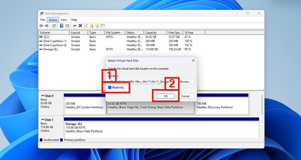 Disk Management Attach Virtual Hard Disk Dialog Read Only Toggle and OK