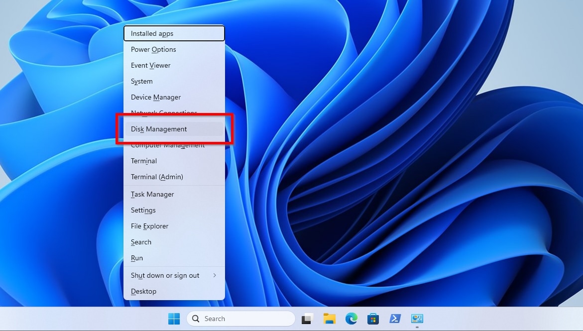 Disk Management Menu Entry