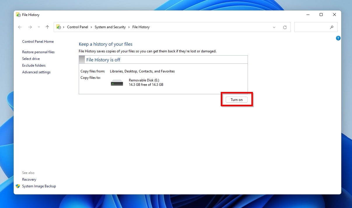 File History Disabled Turn On