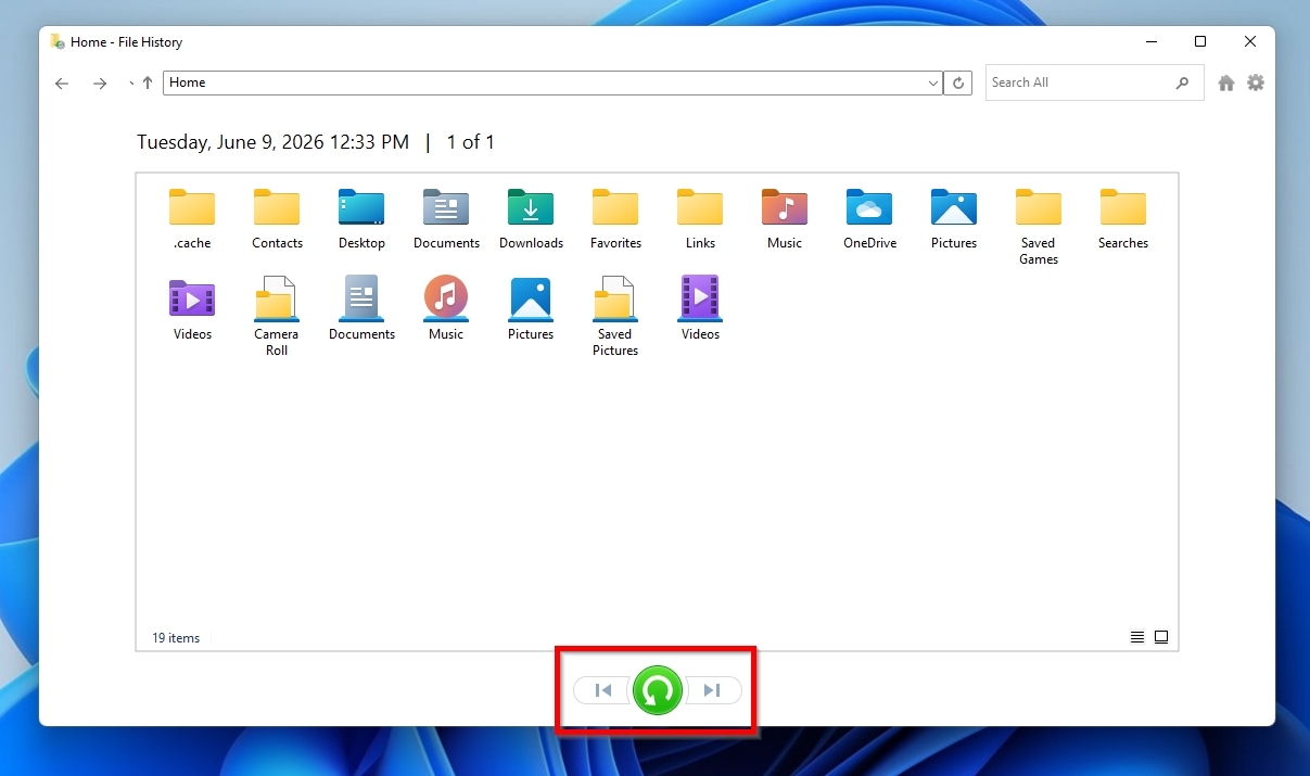 File History Restore Selected Backup