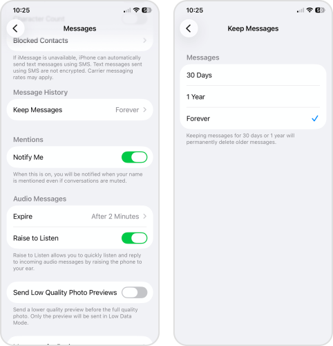 Auto-delete options for Messages in the Settings app