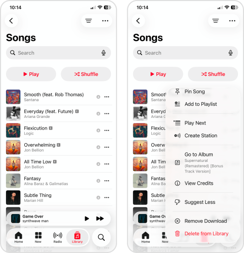 Deleting downloaded songs in the Apple Music app