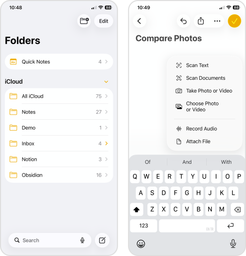 Attaching photos to a note in the Notes app