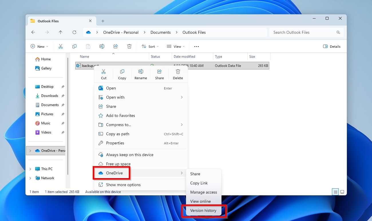 OneDrive Local Outlook PST Right Click OneDrive Version History Option
