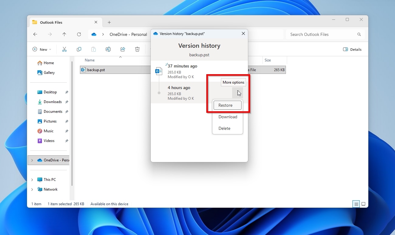 OneDrive Local Outlook PST Version History Window More Options Restore