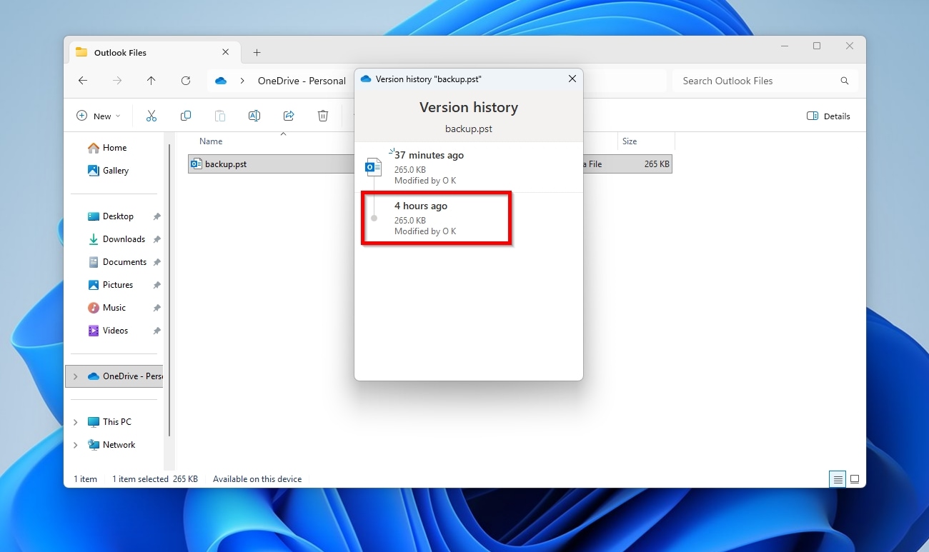 OneDrive Local Outlook PST Version History Window