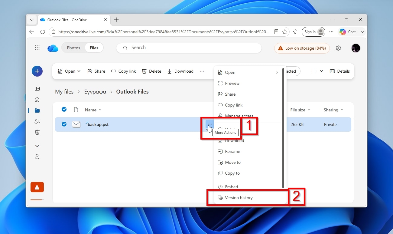 OneDrive Online Outlook PST More Actions Version History