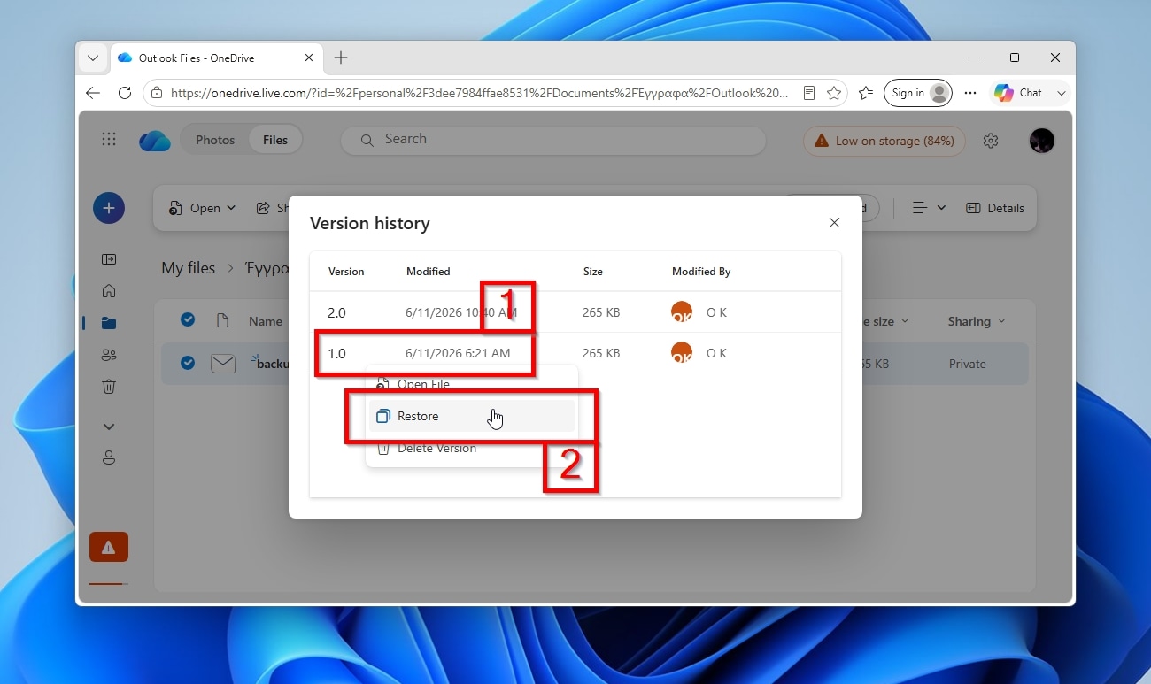 OneDrive Online Outlook PST Version History Restore