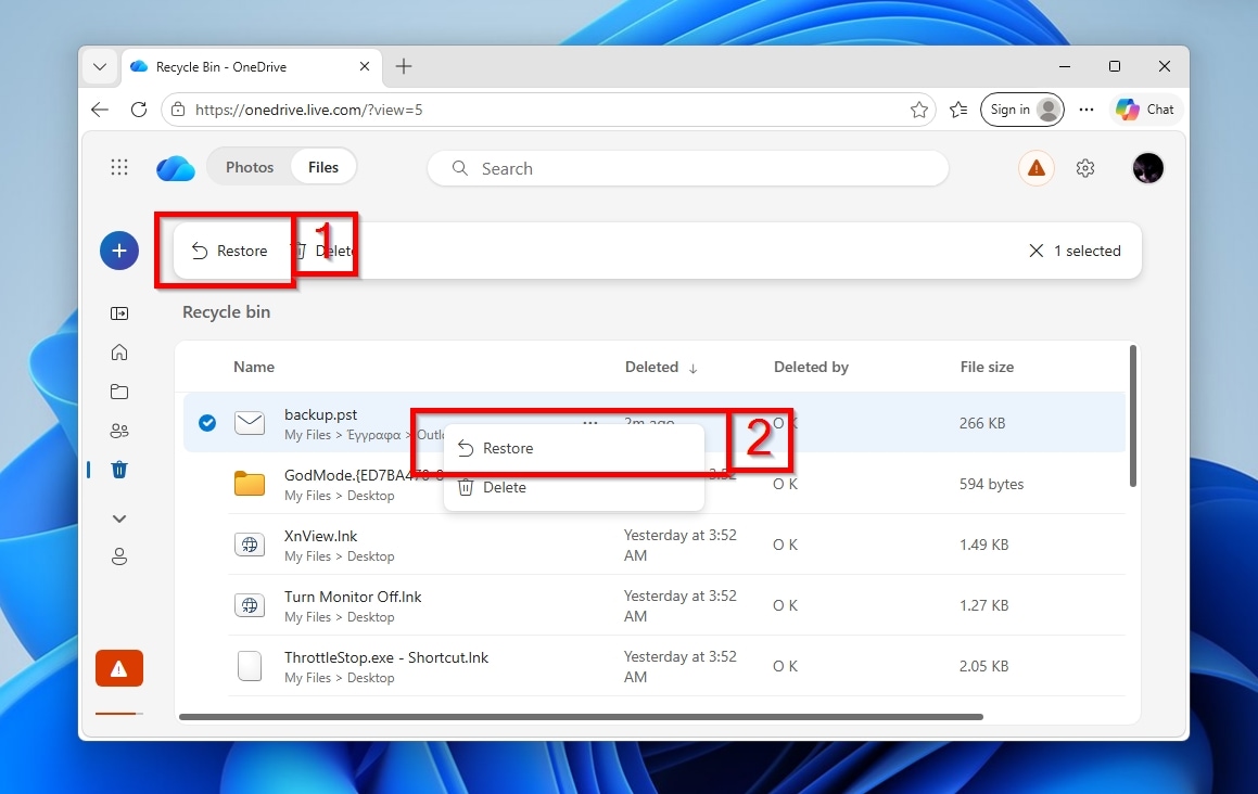 OneDrive Web Highlighted Outlook PST Restore Options