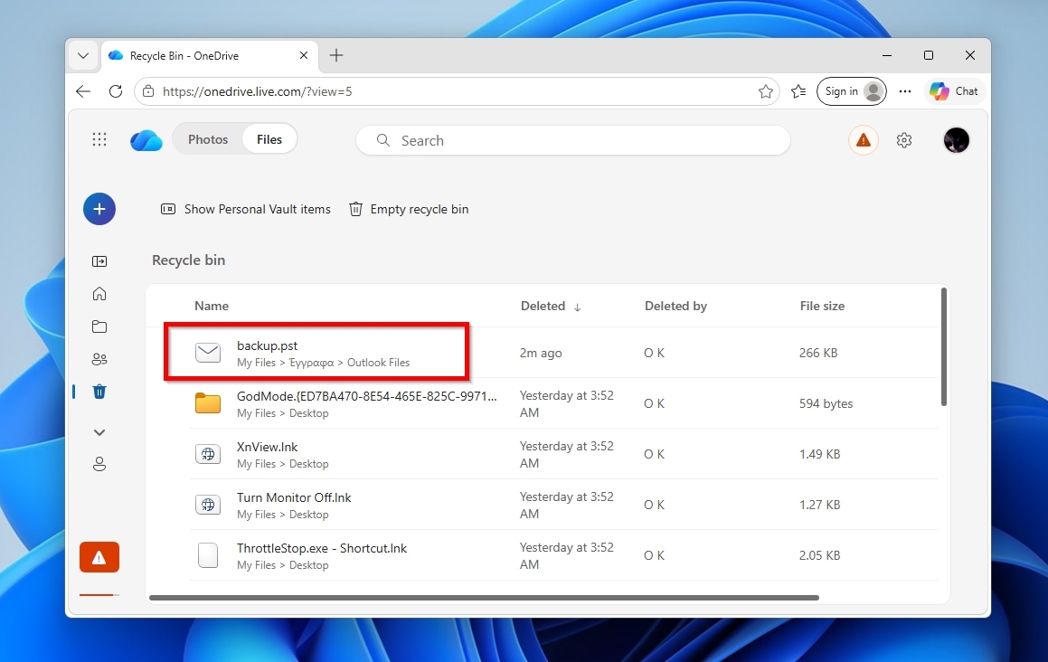 OneDrive Web Highlighted Outlook PST