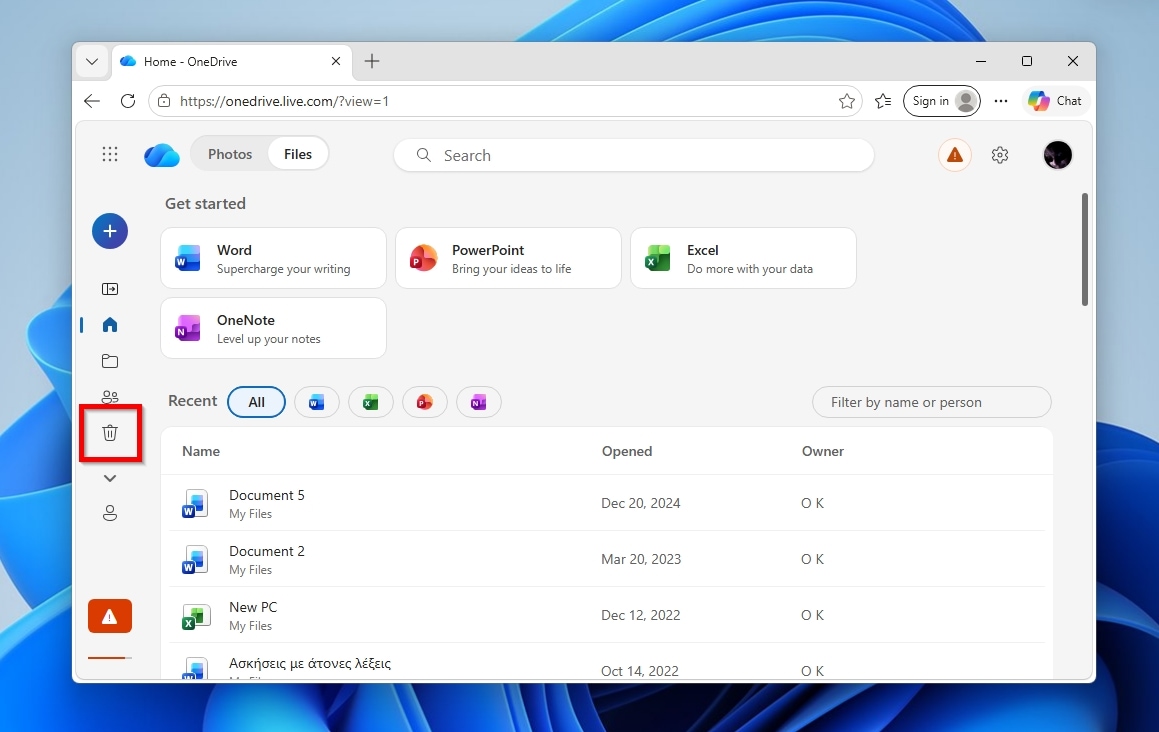 OneDrive Web Highlighted Recycle Bin