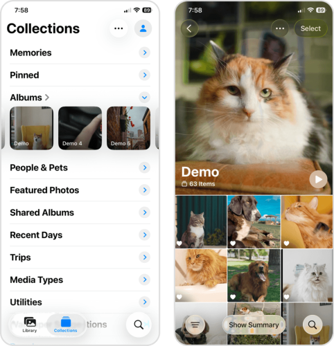 Selecting images in the Photos app's album interface