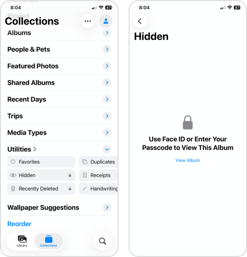Accessing the Hidden album in the Photos app