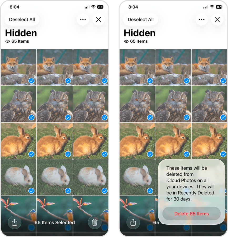 Deleting images from the Hidden album in the Photos app