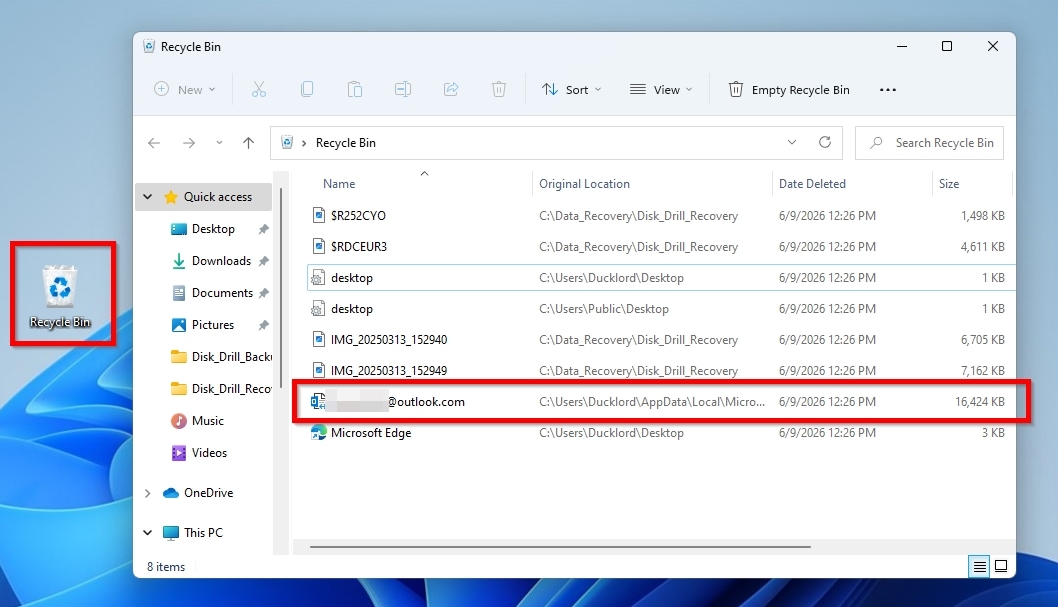 Recycle Bin Folder in Windows Explorer With Highlighted Outlook PST
