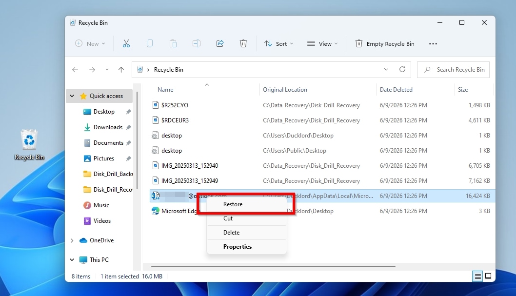 Recycle Bin Folder in Windows Explorer With Restore Highlighted For Selected Outlook PST